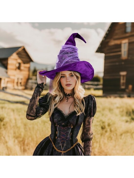 Vintage Purple Velvet With Mesh Witch Hat for Women Halloween Costume Accessory main image 6